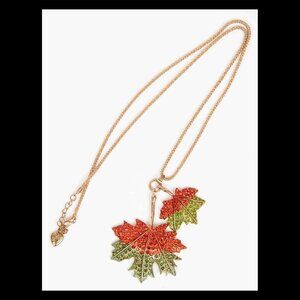 Betsey Johnson Autumn Leaf Long Gold Tone Chain Necklace EUC